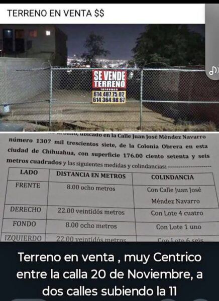 TERRENO EN COLONIA OBRERA